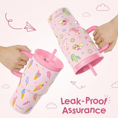 SANDJEST Ice Cream Stainless Steel Tumbler 20oz with Handle and Silicone Straw Locking Lid for Kids Girls, Birthday Christmas Back to School - color: Ice Cream