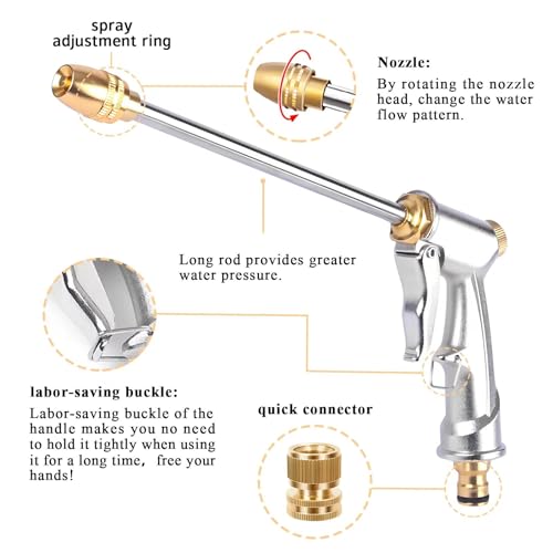 Hose Sprayer Nozzle Heavy Duty, High Pressure Hose Nozzle Water Adjustable Spray Gun Metal Brass Hose Attachment for Washing car, Cleaning, Watering Plants, lawn, Outdoor Gardening. - color: Silvery
