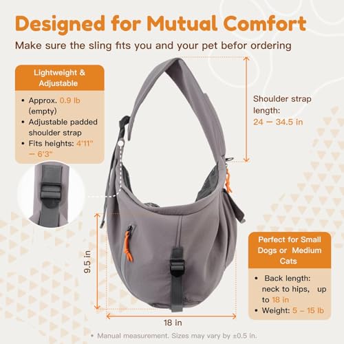 Pet Sling Carrier for Small Dogs and Cats, Hands-Free Crossbody Bag with Safety Leash, Multiple Pockets, Gray, 5-15 lb