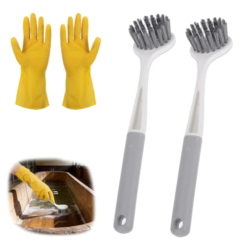 2 Pack 10.4" Horse Bucket Brush, Plastic Horse Bucket and Trough Scrubber with Gloves, Durable Utility Brushes with Non-Slip Handle for Livestock Farm Equine Water Buckets Feed Trough Cleaning