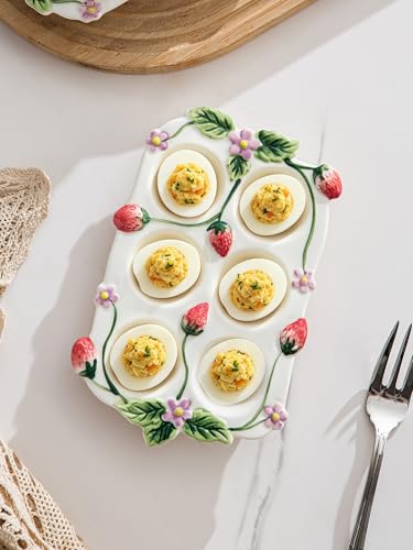 6-Cup Handmade Deviled Egg Platter | 6-Cup Handmade Deviled Egg Platter, Embossed Strawberries & Winding Vines, Country Farmhouse Aesthetic for Kitchen Decor