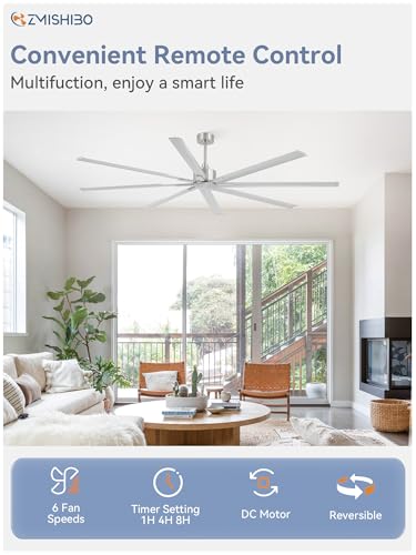 ZMISHIBO 96 Inch Industrial Ceiling Fan without Light, 8 Aluminum Blades | DC Motor, Damp Rated, 6 Speeds, Remote Control, 3 Downrods, Flat/Sloped Ceiling, Commercial, Farmhouse, Garage, Warehouse - color: Nickel, size: 96inch