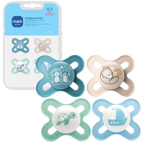 MAM Original Start Baby Pacifiers 0-3 Mths Skin Soft Silicone, 4 Pack - color: Blue Teal/Cotton/Pale Mint/Blue Sky, size: 4 Count (Pack of 1)