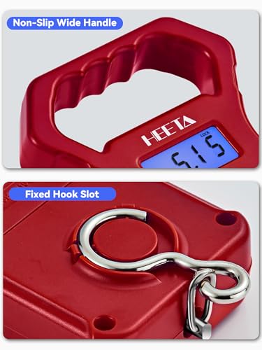 HEETA Fish Scale 110lb/50kg Digital Hanging Fishing Luggage Weight Scale | Portable with Backlit LCD Display, Hook & Non-Slip Large ABS Handle, Fishing Gifts Gear for Men, 2 AAA Batteries Included - color: Red