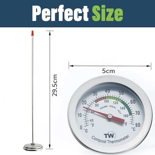 Compost Thermometer Stainless Steel Dial - Ideal Composting Soil Thermometer with 50MM Diameter C and F Dial and 295MM Compost Temperature Gauge Probe