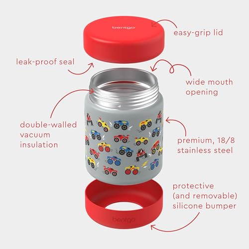 Bentgo Kids Stainless Steel Leak-Proof Food Jar for Hot or Cold Food | 11 fl oz Double Insulated Container with Removable Silicone Bumper, Dishwasher Safe, Easy Open Lid, Ages 3+ (Trucks) - color: Trucks