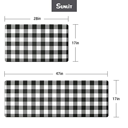 Sunlit Set of 2 Anti Fatigue Kitchen Floor Mat, Non Slip Waterproof Comfort Standing Mat, 0.4 Inch Thick Cushioned Farmhouse Kitchen Rug Runner, White Black Buffalo Check (17"x28"&17"x47") - color: Black