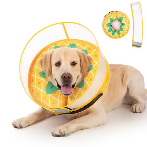 Inflatable Dog Cone Collar for Large Medium Small Dogs, Soft Dog Donut Collar Adjustable Recovery Cone for Pets After Surgery, Extra Enhanced Anti-Licking Guard Shield (Pineapple, X-Large) - color: Pineapple, size: X-Large