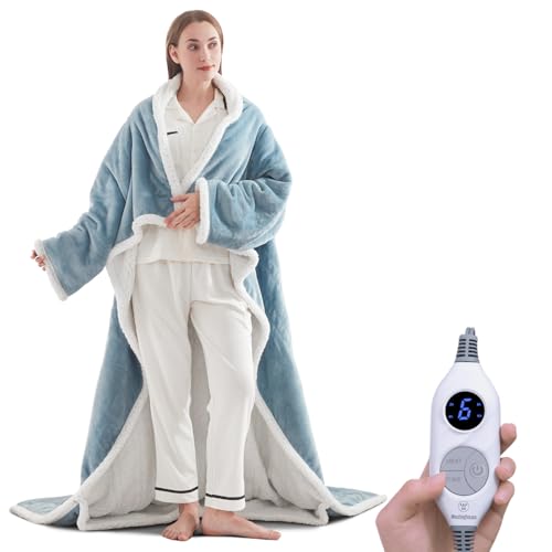 Westinghouse Wearable Heated Blanket with Foot Pocket, 50x70+18 Light Blue | Electric Snuggle Throw with Foot Pocket, Flannel Sherpa 6 Heating Levels & 2-10 Hours Auto Shut Off, Home Office Use - color: Light Blue&ivory, size: 70*50" Heated Snuggle Blanke