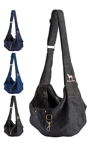 Noah & Paw Dog Sling Carrier for Small Dogs 3-10lb, Dog Sling for Small Dogs and Cats, Dog Carrier with Adjustable Padded Strap, Premium Denim, Lined with Fur, Double Safety Feature, Machine Washable - color: Black, size: 15.0"L x 6.0"W x 5.5"H