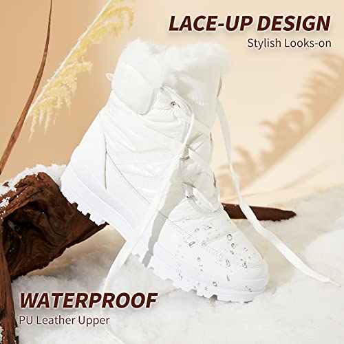 BABUDOG Womens Warm Fur Lined Mid-Calf Boots Waterproof Winter Snow Boots Non-slip Lace up Combat Boots - color: White, size: 7.5