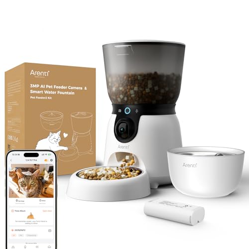 ARENTI Automatic Cat Feeder and Water Dispenser with Camera, 2K Adjustable View & Invisible Privacy Mode, 4.5L Cat Food Dispenser Fountain Combo, 5G/2.4G WiFi, 2-Way Audio, AI Alerts, Battery Backup