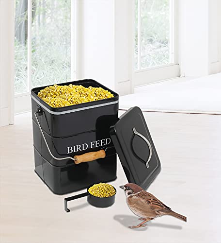 Morezi Bird Seed Storage Container Metal, 6 Lbs Airtight Bird Food Tin | Outdor Wild Bird Seed Container Canister w/ Scoop/Wooden Handle, Sturdy and Squirrel-proof, Keep Sunflower Seed Fresh-Black - color: Black