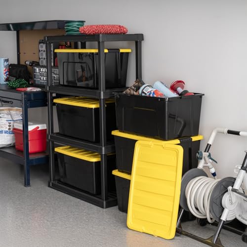 IRIS USA 6-Pack 72 Quart Storage Bins with Lids, Black/Yellow | Black finish conceals stored items. Perfect for moving, blankets, clothing, and garage storage. Nestable design saves space - size: 72 Qt, style: 6 Pack