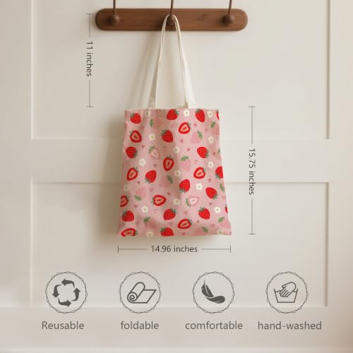 Aesthetic Canvas Tote Bag for Women - with Magnetic Snap Closure & Zipper Inner Pocket Reusable Totes Bag - color: Strawberry1