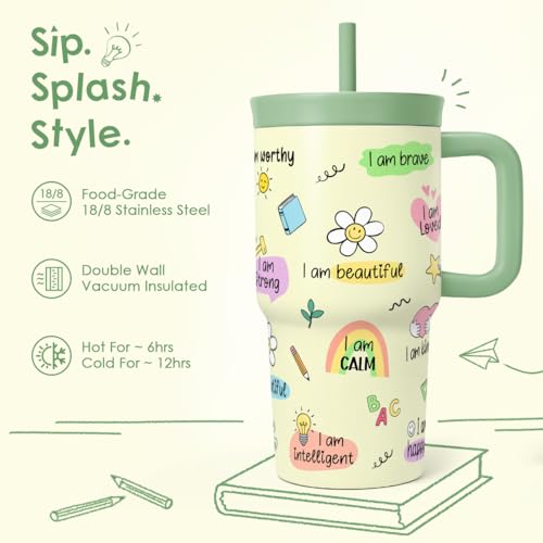 SANDJEST Inspiration Tumbler 20oz with Handle and Silicone Straw Locking Lid for Kid, Girls, Boys Reusable Stainless Steel Water Bottle, Spill Proof and Leak Resistant - color: Inspiration