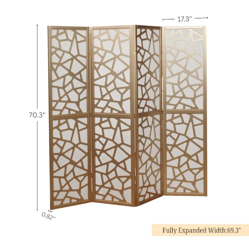 Roundhill Furniture Giyano 4 Panel Screen Room Divider, White Screen with Gold Frame - color: White Screen/Gold Frame