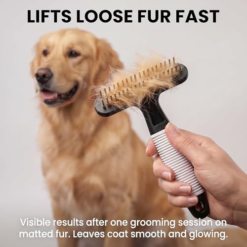 Poodle Pet Dog Grooming Rake | Dematting Tool with Stainless Steel Shedding Comb for Pets | 2 Rows of Pins Gently Remove Loose or Tangled Hair from Undercoat (Black) - color: Black