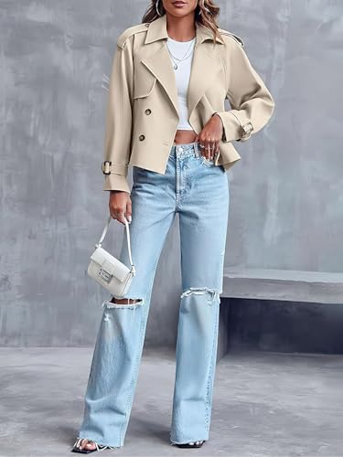 ebossy Women's Double Breasted Short Duster Trench Coat Lapel Loose Windproof Cropped Jacket Coat with Pockets - color: Beige, size: Large