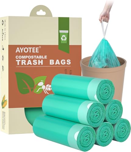 AYOTEE Compostable Trash Bags 4 Gallon Drawstring Trash Bags,100 Count | Ultra Strong Unscented Compostable Garbage Bags Small Trash Bags Waste Basket Liners for Bathroom, Kitchen, Car, Pet