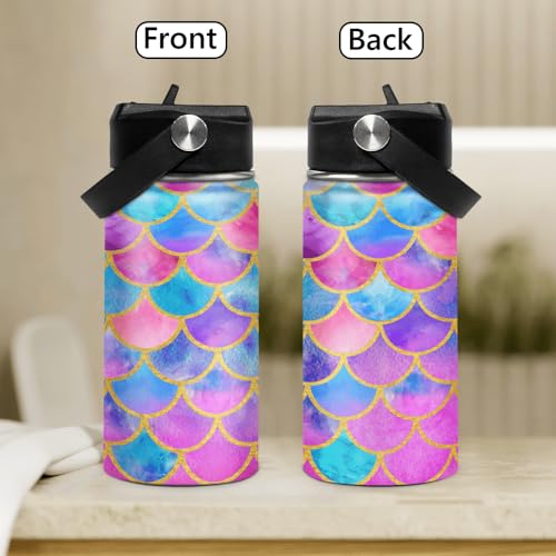 SANDJEST Mermaid Water Bottle for Girls Kids Kid Insulated Water Bottles 12oz Stainless Steel Travel School Tumbler Double Wall Vacuum Cup with Straw - color: Mermaid Scale