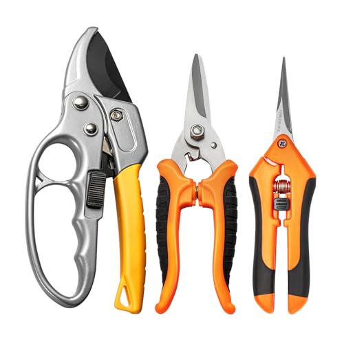 GROWNEER 3 Pack Garden Scissors kit Professional Garden Pruning Shears Stainless Steel Garden Shears Gardening Clippers Flower Plant Scissors Tools Arthritis Weak Hand Pruner Work 3 Times Easier - style: Yellow