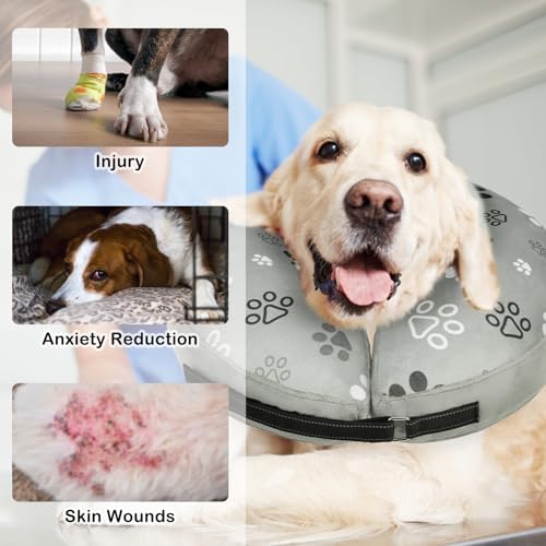 SCENEREAL Dog Cone Alternative After Surgery Donut Collar Soft | Pet Recovery Pillow Collar for Medium Large Dogs, Inflatable Adjustable Neck Collars to Prevent Licking, Grey Footprints M - color: Grey Footprints, size: M(Neck 13"-16")