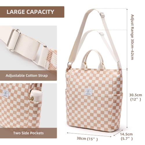KALIDI Corduroy Tote Bag, Large Slouchy Hobo Messenger Crossbody Bag | Anti Splash Zipper Side Pockets Shoulder Bag Adjustable Strap Lightweight Casual Work Shopping Women - color: Khaki Checkered