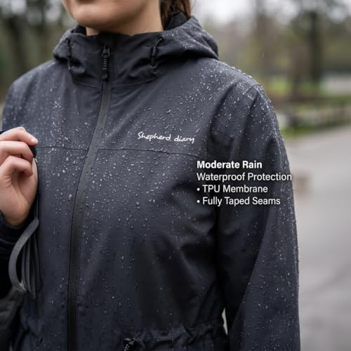 Women's Waterproof Long Rain Jackets Raincoats with Adjustable Hood | Lightweight Outdoor Activities Rain Shell Relaxed Fit Drawstring Waist Windbreaker Breathable Mesh-Lined Trench Coat - color: Black, size: Large