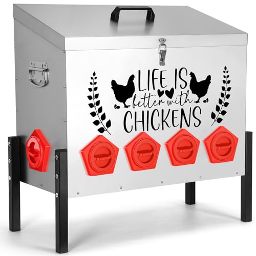 TGEYD 95 lb Galvanized Metal Chicken Feeder, 10 No-Waste Ports with Diversion Design, Extra-Large Heavy-Duty Outdoor Feeder Stand for Chickens, Ducks & Geese - color: Cockscomb Red