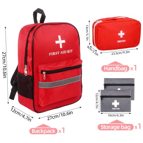 First Aid Bag Empty 4-Piece Set with Large First Aid Backpack, 2 Portable Pouches & Carry Medical Bag for Pet, Car, Travel, Camping, Emergency Supplies Storage (Red Gray)
