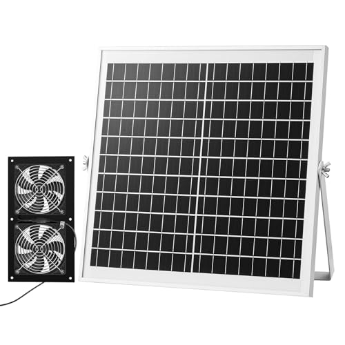 VEVOR Solar Powered Fan, 15W Solar Panel with 2 Fans, Adjustable Solar Panel Angle, 2668 RPM High-Speed, Flexible Installation, Fast Air Exchange for Greenhouse, Grow Tents, Chicken Coops, Shelters - size: 4.7" Fan×2 -15W