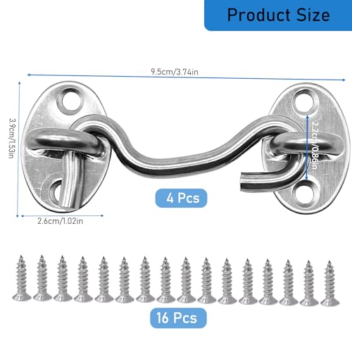 4 Pack 3" Hook and Eye Gate Latch, Stainless Steel Rust-Resistant Barn Door Lock Cabin Hooks for Gate Shutters Window Slide Barn Shed Cabinet Bathroom, with 16pcs Screw,Silver - color: Silver, size: 3 inch(4pcs)