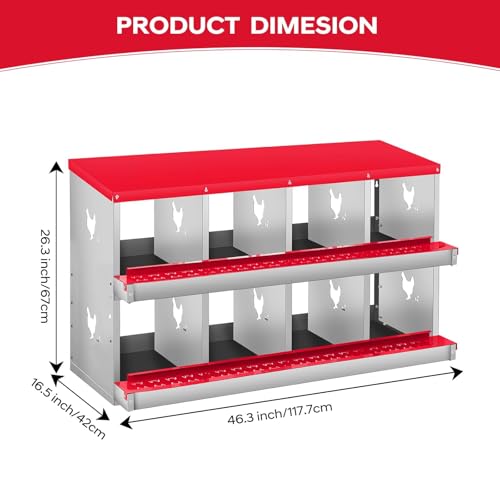 8-Compartment Chicken Nesting Box, Heavy Duty Galvanized Steel Poultry Nest Box, Wall Mount/Freestanding Design for Hens, Ducks, Backyard Homesteads & Farm Use, Red, 10 Mats &4 Eggs, No Stand - color: Red, size: 8 Room&Mat eggs