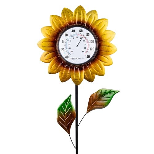 Outdoor Thermometers for Patio, 35.8" Tall Stake Sunflower Thermometer | Indoor Wall Mounted Thermometer Decorative for Yard Garden Pool Decor, Easy-Read, No Require Batteries - style: Sunflowers