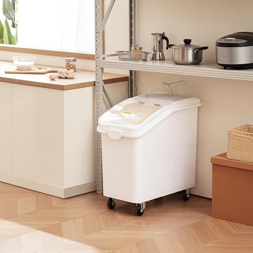VEVOR 27 Gallon Food Storage Container, 500 Cup Commercial Ingredient Bin | Ideal for Kitchen Rice, Dog Food, Flour, and Sugar Storages, Food-Grade PP, with Wheels, Scoop and Transparent Lid, White - size: 27 Gallon