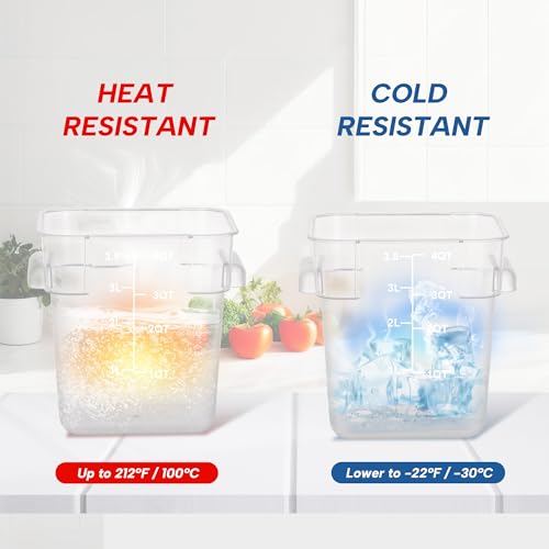4 Pack 4QT Square Food Storage Containers with Lids | Clear NSF polycarbonate containers with scale, label and measuring cup, stackable for prep, storage, freezer. Dishwasher safe - color: 4Qt