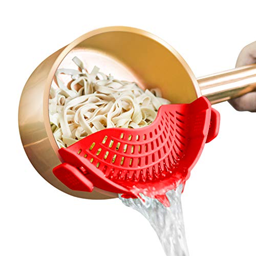 AUOON Clip On Strainer for Pots, Standard 8.86 x 3.55 in, Red | Food-grade Silicone, Fits Pots Pans Bowls, Dishwasher Safe, for Pasta Noodles Vegetable Fruits, Space-saving Kitchen Gadget - color: Red, size: Standard 8.86 x 3.55 in