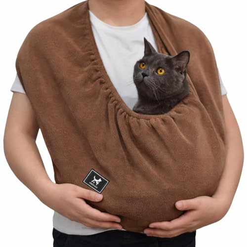 Cat Sling Carrier, Ultra-Soft Polar Fleece, Fits 3-13 lbs, Size M | Elastic One-Piece Metal-Free Pet Cuddle Bag for Indoor Home Use, Warm Cozy Wearable Carrier for Cats and Kittens, Caramel - color: Caramel, size: Medium (Regular)
