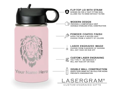 LaserGram Personalized 12oz Water Bottle, Horse (Pink) | Engraved Gift, Vacuum Insulated Stainless Steel, Flip-Top Straw Lid, Laser Engraved With Your Name - color: Pink, size: 12 Ounces
