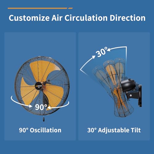 Pro Series 20 inch Oscillating High Velocity Wall Mount Fan, 6000 CFM Industrial Heavy Duty Metal Wall Fan, 3 Speeds, Adjustable Tilt, Quiet Operation Commercial Shop Fan for Garage - size: 20 inch - Indoor