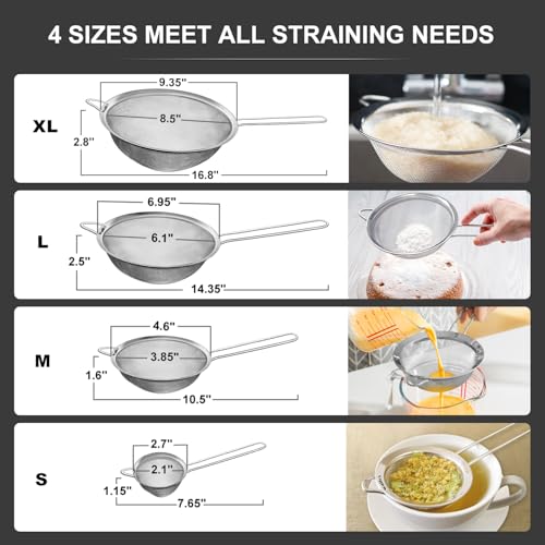 Walfos Extra Fine Mesh Strainer Set of 4-9.35", 6.95", 4.6", 2.7", Stainless Steel 30 Mesh Sieve with Sturdy Handle, Kitchen Food Strainers Sifters for Quinoa, Pasta, Fruits, Vegetables, Rice, Tea - style: 4pcs (2.7", 4.6", 6.95", 9.35") Strainers