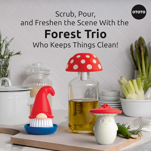 OTOTO Forest Trio Bundle of Beardy, Magic Mushroom, Fun Guy - Gnomes Dish Brush, Fungilicious Kitchen Funnel, Fridge Deodorizer, Mushroom Decor Cute Kitchen Accessories, Unique Mushroom Gnome Gifts - style: Forest Trio