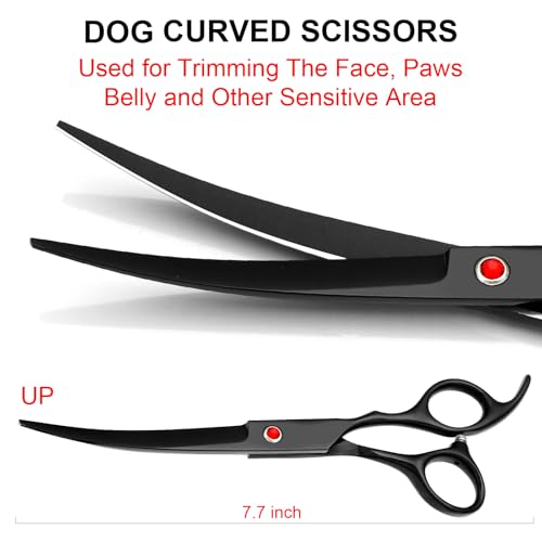 TINMARDA Dog Grooming Kit, Titanium Black Stainless Steel Dog Grooming Scissors with Curved Shears, Black Finger Rings - 5 Piece Sharp Durable Pet Shears for Dogs Cats At Home Salon-Quality Grooming - color: Black, size: 5 Piece