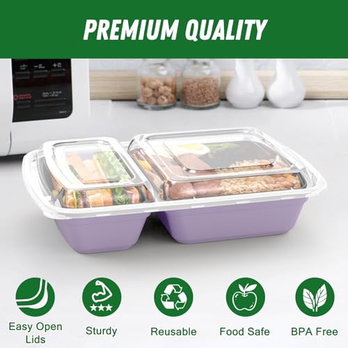 Dealusy 50 Pack 28 oz Meal Prep Containers with Lids 2-Compartment, Lilac | Sturdy Leakproof & Food Safe, Microwave, Freezer, Dishwasher Safe Prep Containers, To Go Take Out Plastic Food Storage - color: Lilac