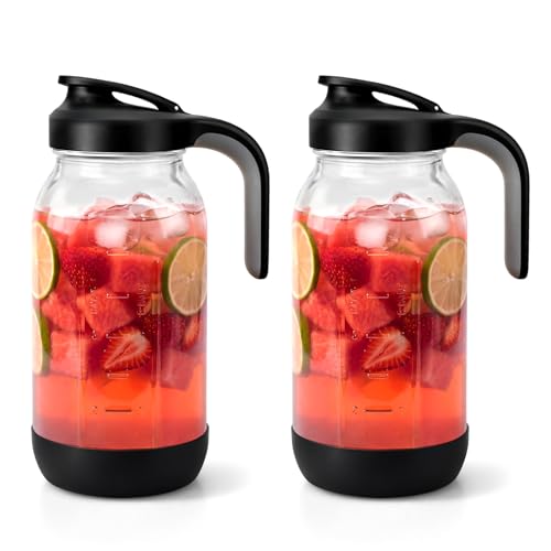 64 oz (2 Qt) Glass Mason Jar Pitcher with Pour Spout Lid & Handle | Airtight Leak-Resistant Flip-Top, Wide Mouth for Ice & Fruit, Non-Slip Silicone Base, Measuring Marks, Water/Iced Tea, 2 Pack - color: Black/Black, size: 64 Ounces