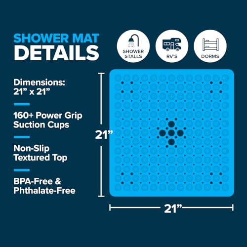 SlipX Solutions 21" Square Non Slip Shower Stall & Bathtub Mat, Blue | Anti Slip Essential Shower Mat For Bathers Of All Ages, 25% Stronger Suction Cups, Soft Underfoot, Machine Washable - color: Blue