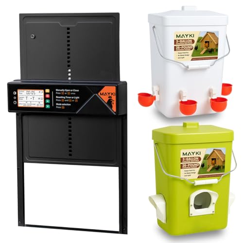 MAYKI Chicken Feeder and Waterer Set and Automatic Chicken Coop Door Solar Powered, Automatic Coop Accessories