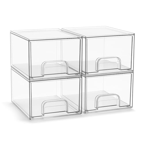 Sorbus Clear Stackable Storage Drawers (4 Pack, 4.4'' Tall) | Acrylic containers with pull-out bins keep cosmetics, brushes and daily items sorted on bathroom counters or in cabinets. - size: 4 Pack, 4.4’’ Tall