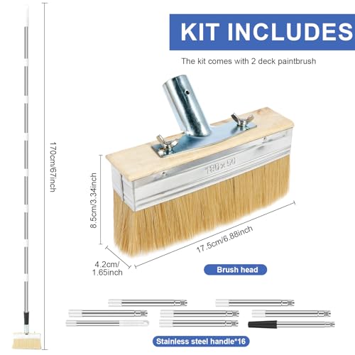 2 Pack Deck Stain Brush Set with 67" Extension Pole, 6.88" Wide Deck Brush | Boar Bristle Blend Paint Brush for Wood Deck, Fence & Wall, Multi-Surface Applicator for Stain, Limewash, Latex Paint - style: 2pcs
